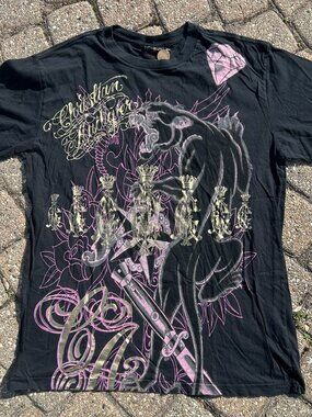 Vintage Christian Audigier Leaping Panther & Roses Gold Foil Rhinestone XL Tee
